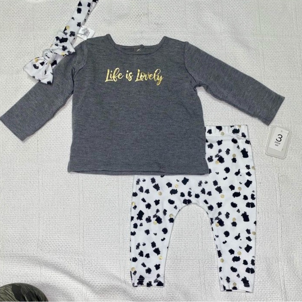 Lullaby Lane baby girls 0-3 month 3 piece set outfit headband gray animal print